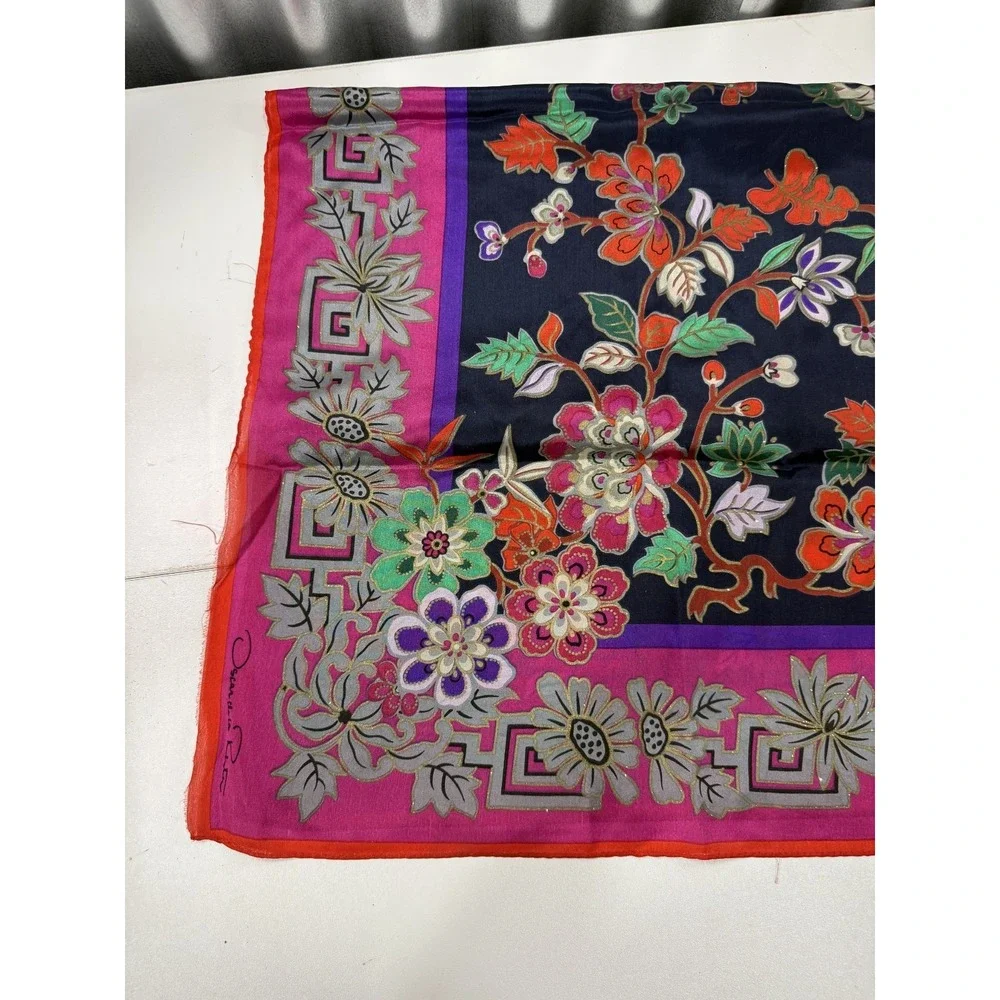 VTG Oscar de La Renta Silk Scarf Floral Pink Fuchsia Navy Blue Square 35